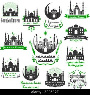 Ramadan Kareem Muslim traditional religious holiday greetings design of mosque with lanterns, crescent moon and twinkling star and Arabic calligraphy. Stock Vector