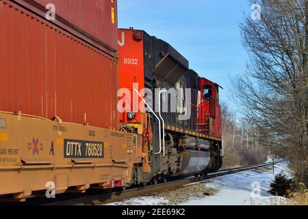 Barrington, Illinois, USA. Canadian National Railway locomotive leads a freight train through a tree- and factory-lined right-of-way. Stock Photo