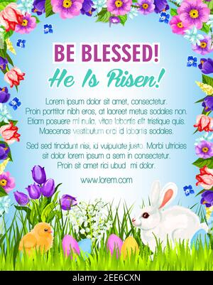 Easter poster with eggs, bunny and chick for paschal Be Blessed greetings. Spring flowers bunch frame of crocuses, daffodils and tulips. Happy Easter Stock Vector