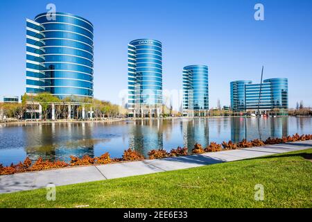 Redwood City, CA, USA - February 10, 2021: Building of Oracle Corporation office, an American computer technology corporation headquartered in Austin, Stock Photo