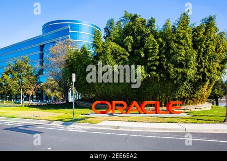 Redwood City, CA, USA - February 10, 2021: Building of Oracle Corporation office, an American computer technology corporation headquartered in Austin, Stock Photo