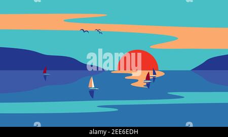 Seaside Sunset Minimalist Style flat color vector Stock Vector
