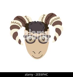 Colorful vector ram face in sunglasses. Cute sheep. One object on a white background. Cartoon flat illustration. Emoji funny pet animal. Embarrassed Stock Vector