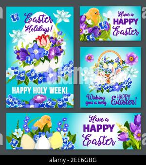 Happy Easter greeting poster cards and banners set. Vector design of Easter eggs and paschal bunny in spring flowers bow wreath of crocuses, daffodils