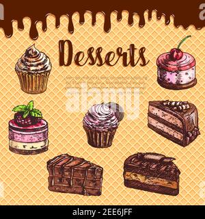 Cake dessert menu poster with waffle texture and flowing chocolate on background. Chocolate cake, cupcake, muffin, brownie and fruit dessert with crea Stock Vector
