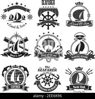 Nautical symbols and badges. Vector marine heraldic icons of anchor, ship helm and sailor compass or knot and life buoy. Ribbons and crowns with chain Stock Vector