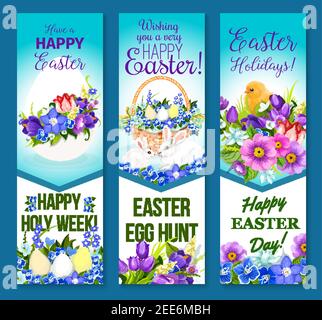 Happy Easter banners of paschal hunt eggs, chicks in wicker basket and spring flowers or willow wreath bunch. Easter vector templates design for relig Stock Vector