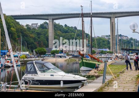 Saint-Brieuc, France - August 27, 2019: Legue port in Plerin in the background the viaduct spanning the Gouet river in Brittany Stock Photo