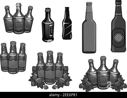 Beer and hops template icons. Vector set of beer bottles and hop plant cones or seeds. Symbols for craft brewing company or alcohol drink brewery bar Stock Vector