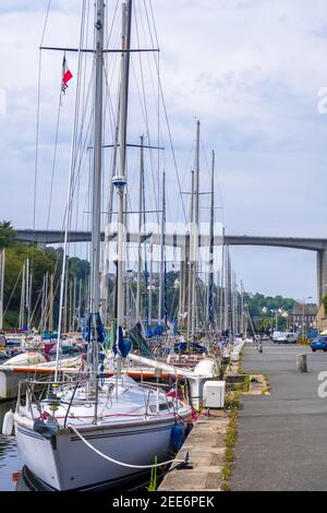 Saint-Brieuc, France - August 27, 2019: Legue port in Plerin in the background the viaduct spanning the Gouet river in Brittany Stock Photo