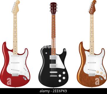 Six string electric guitar in three color schemes. Vector illustration. Stock Vector
