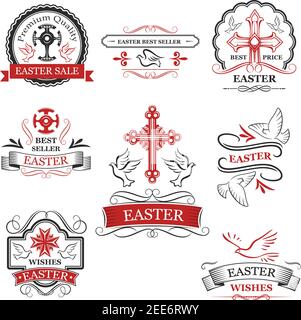 Easter sale and premium quality badge set. Easter cross, crucifix and dove bird red and black symbols with ribbon banner and flourishes. Spring holida Stock Vector