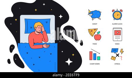 Quality sleep - colorful flat design style poster with line elements and thematic icons. Infographics with a man lying in his bed at home at night, dr Stock Vector