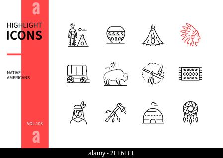 Native Americans - modern line design style icons set. Traditional dwelling, culture, arts and craft, signs and symbols. Ceramics, tipi, roach, peace Stock Vector