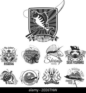 Fishing club icons of fisher badges for seafood or fish catch of perch, crab, squid or shrimp and octopus. Vector symbols of fisherman rods and net, b Stock Vector