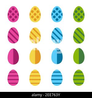 Happy Easter set of Easter painted eggs. Holiday elements in bright colors - pink, blue, yellow and green with geometric elements. Square format vecto Stock Vector