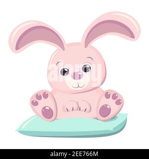 Happy Easter cute pink bunny rabbit on the blue pillow. A greeting card or banner of bright colors. Vector illustration in flat cartoon style isolated Stock Vector