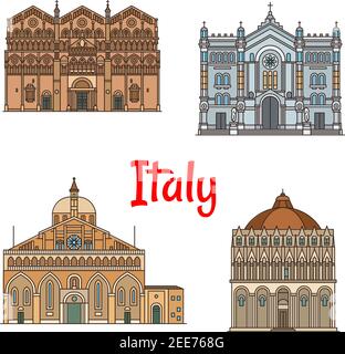 Italian travel landmark icon set of roman catholic churches. Reggio Calabria Cathedral, Ferrara Cathedral, Pontifical Basilica of Saint Anthony, Pisa Stock Vector