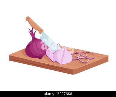 Cut red onion on chopping board, isometric knife cutting vegetable on wooden board Stock Vector