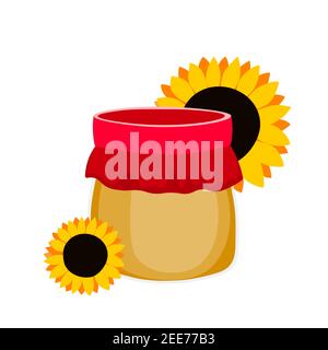 Jar with honey and flowers isolated on white background. Orange sunflower. Cartoon style. Template icon, design for fabric, textile, posters, card Stock Vector