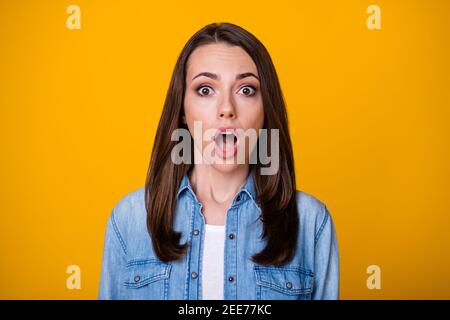 Portrait of astonished girl hear unbelievable corona virus information open mouth shout yell wear good look clothes isolated over vivid color Stock Photo