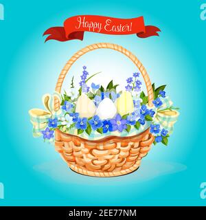 Happy Easter greeting card of paschal eggs and springtime flowers wicker basket with bunch of tulips, snowdrops and lily of valley. Vector Easter post Stock Vector
