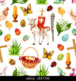 Easter seamless pattern of paschal eggs, flowers lily, tulip and willows, passover God lamb, crucifix crosses with candles and hen chicken chicks. Hap Stock Vector