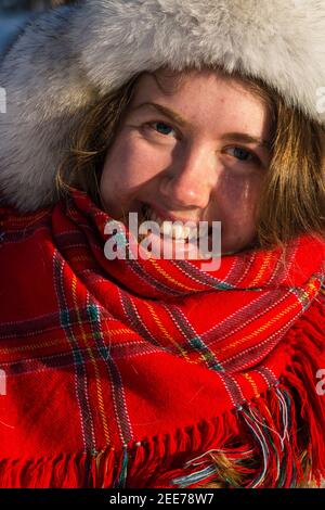 Portrait of young a Sami woman, Nutti Sami village, Jukkasjarvi, Sweden. Stock Photo