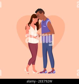 Multiracial happy pregnant mother and father, expecting husband wife hug and proud Stock Vector
