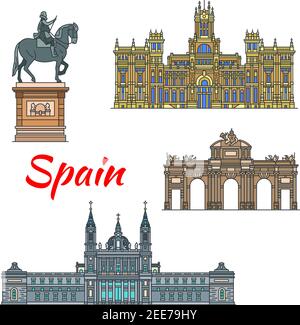 Spanish travel landmark of Madrid thin line icon set. Cybele Palace, catholic Almudena Cathedral, triumphal arch Alcala Gate and Plaza Mayor Statue Of Stock Vector
