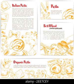 Italian pasta, natural organic macaroni product poster and banner template. Spaghetti, penne, farfalle, ravioli, lasagna and fusilli. Italian cuisine Stock Vector