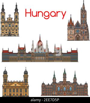 Hungarian travel landmark of historical buildings thin line icon set. Hungarian Parliament Building, Matthias Church, Reformed Great Church, Roman Cat Stock Vector