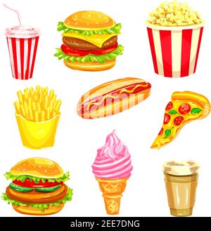 Fast food and drinks watercolor illustration set. Hamburger, cheeseburger, hot dog, coffee and soda cups, pizza, french fries, ice cream cone and popc Stock Vector