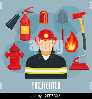 Fireman or firefighter profession icon. Fireman in firefighter uniform with red helmet, fire hose, flame, extinguisher, hydrant, shovel, axe, flashing Stock Vector