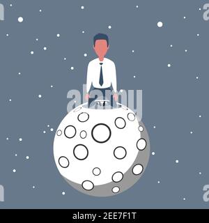 A lonely man is sitting on a big bright full moon at night alone. thinking mind, Stock Vector