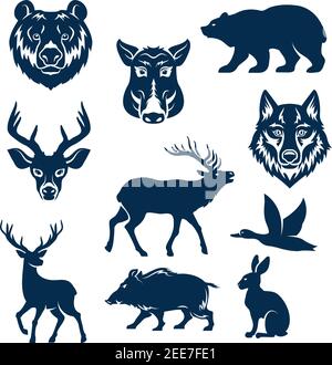 Wild animals and birds for hunting club design templates. Vector isolated icons or grizzly bear, aper boar, wolf and hare or rabbit, deer and elk or r Stock Vector