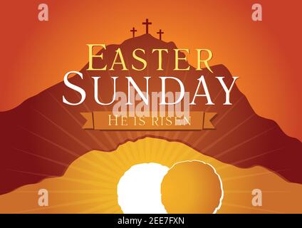 Easter Sunday, He is risen. Greetings, invite vector card. Calvary sunrise with three crosses, open lighting empty cave and stone. Religious symbol. H Stock Vector