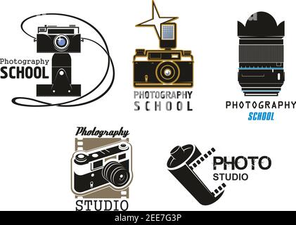 Photography school or professional photo studio vector icons set. Isolated symbols of digital and retro photocamera with vintage film cartridge, photo Stock Vector