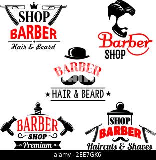 Barber shop premium icons set. Vector isolated symbols of man beards and mustaches haircuts. Barber tools shaving razor or hairbrush comb and scissors Stock Vector