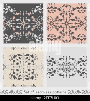 Set of seamless patterns floral with lily flowers and hearts. Gray, cream ivory and pastel orange. Vector. Stock Vector