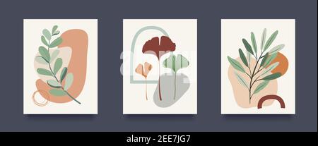 Floral Minimalistic Abstract Background Set. Hand drown abstract colored shapes, line arts, Tropical leaves. Vector illustration Stock Vector