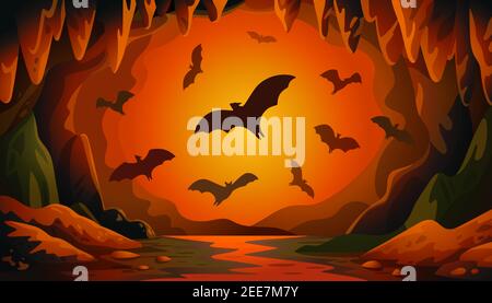 Cave with bats on sunset. Panoramic vector landscape with flying bats and red firelight. Vector illustration in flat cartoon style Stock Vector