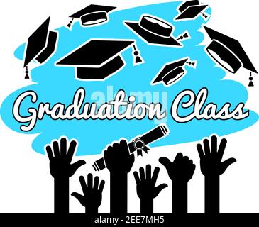 Graduation hats high up in the air above the city. Graduation ceremony ...