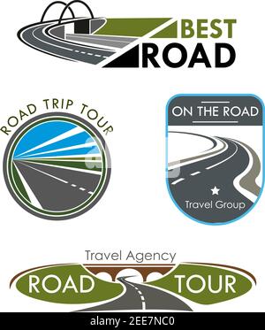 Road travel or trip tour company icons set. Vector isolated symbols or badges with highways path, bridge and motorway curve lanes for road journey age Stock Vector