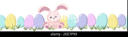 Happy Easter cute pink bunny rabbit and painted eggs in the grass. Seamless border isolated on a white background. A greeting card or banner of bright Stock Vector