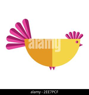 Happy Easter cute chicken with geometric elements. Holiday card in bright colors - pink and yellow. Square format, vector flat illustrations isolated Stock Vector