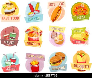 Fast food vector icons for restaurant menu design. Isolated set of hamburger and sauces, hot dog and pizza, coffee and chicken nuggets, desserts and s Stock Vector