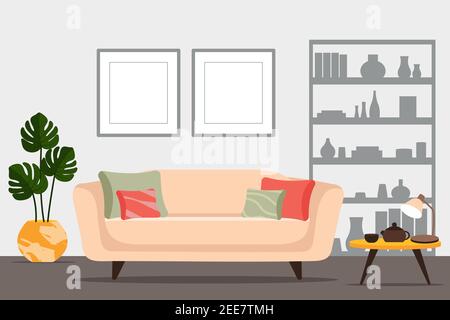 Stylish apartment interiors in Scandinavian style with modern decor. Cozy furnished living room. Cartoon flat vector illustration. Bright, stylish and Stock Vector