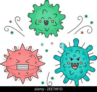 Cute virus organism vector illustration set. Hand drawn disease infection bacteria outlined characters. Isolated. Stock Vector