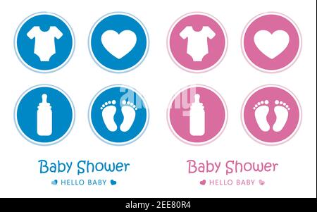 blue and pink set of baby icons feet footprint stroller bear and pacifier vector illustration EPS10 Stock Vector